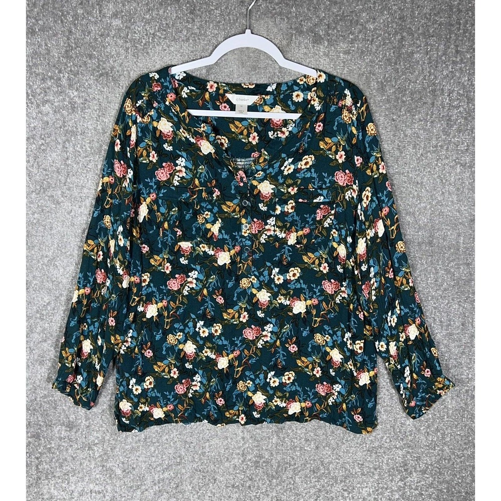 CJ Banks Long Sleeve Floral Popover Top Womens Size 1X Smocked Pockets Rayon